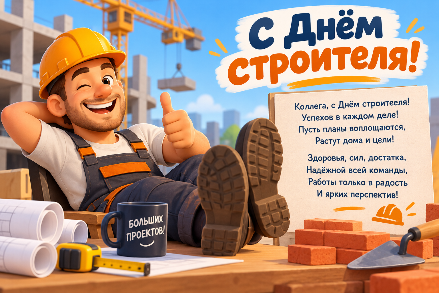 Анимированная поздравительная открытка с Днём строителя для коллеги со стихами