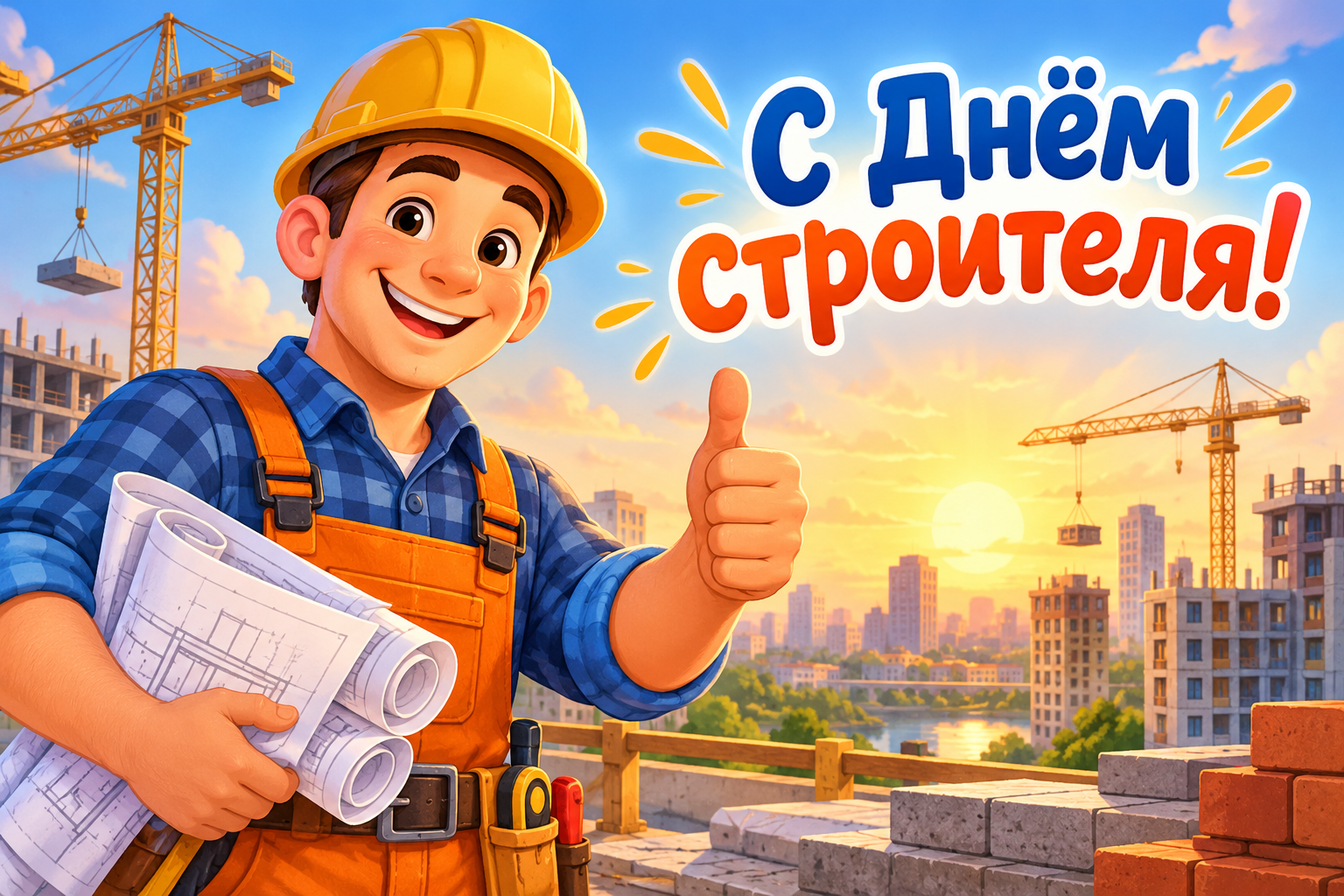 Открытка с Днём строителя и стихотворным поздравлением