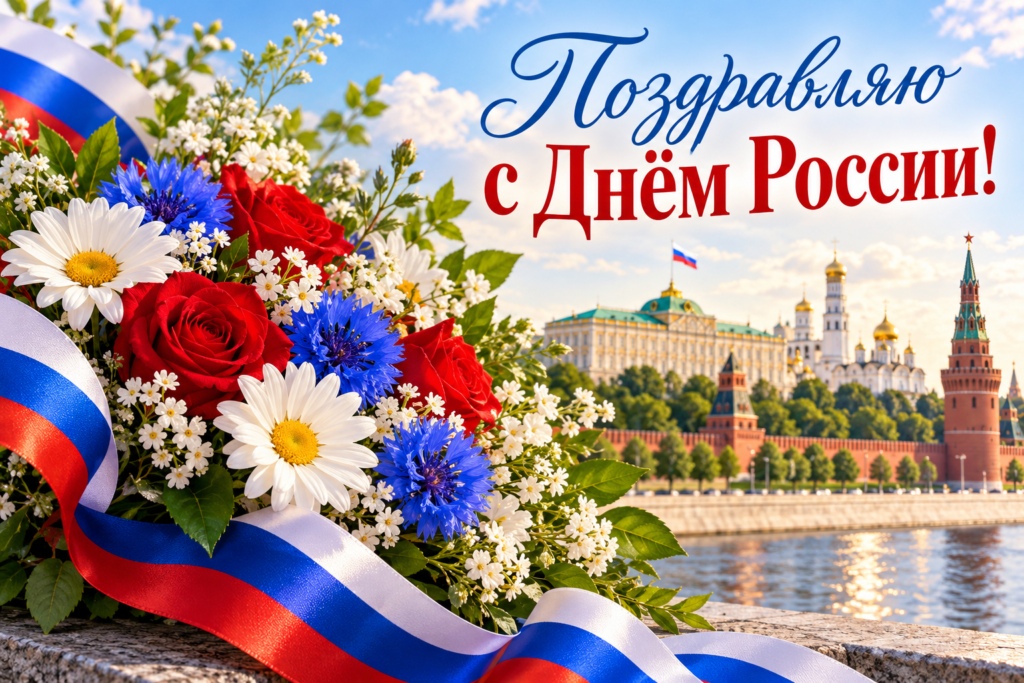Открытка «Поздравляю с Днём России» с красивым букетом цветов