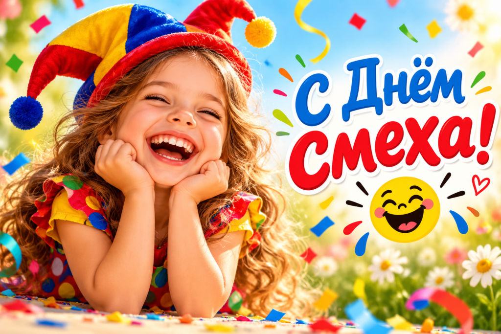 Открытка со смеющейся девочкой и пожеланием к 1 апреля