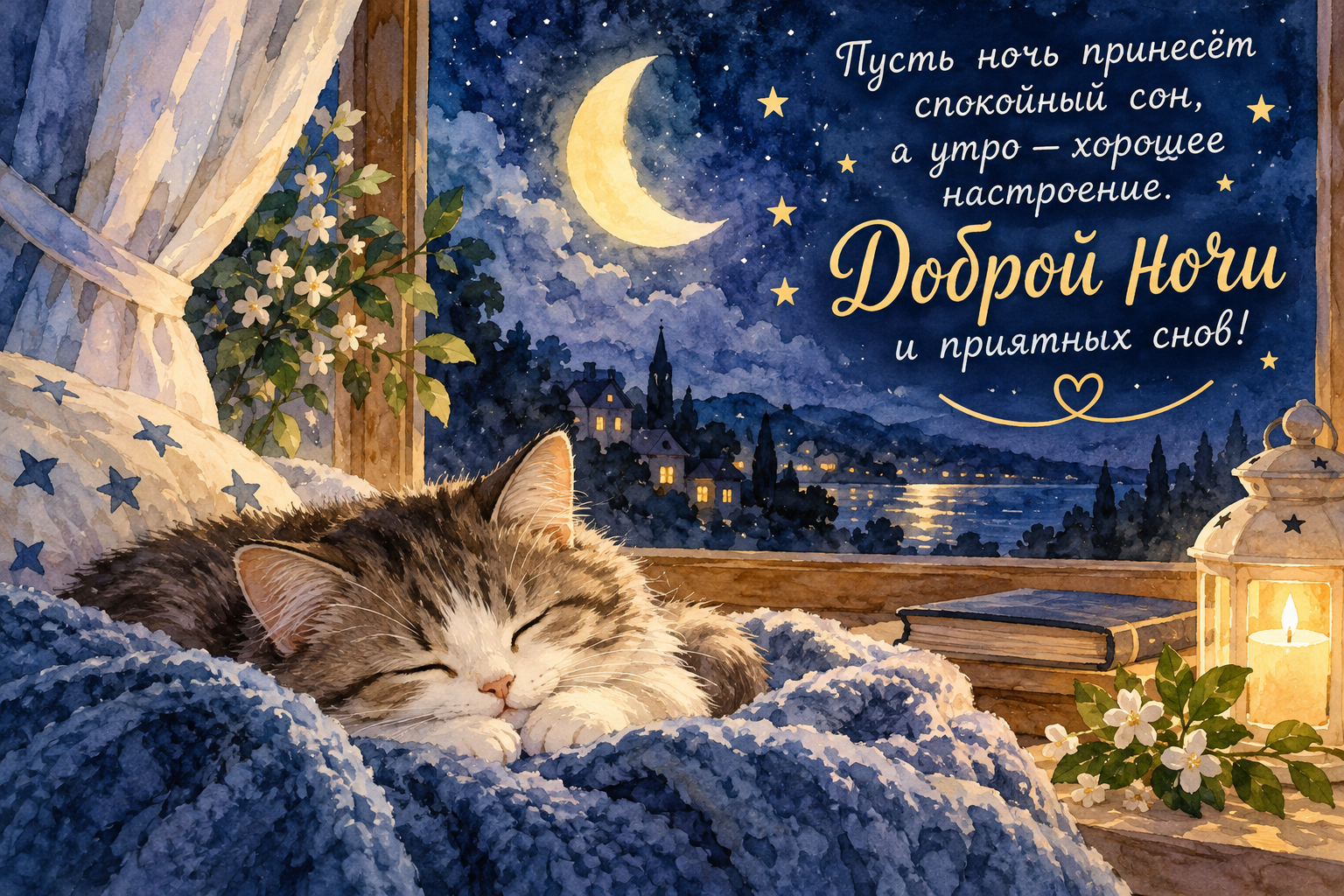 Ночной пейзаж на открытке с пожеланием доброй ночи