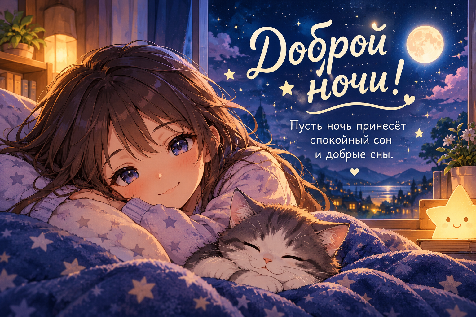 Ночной пейзаж на открытке с пожеланием доброй ночи