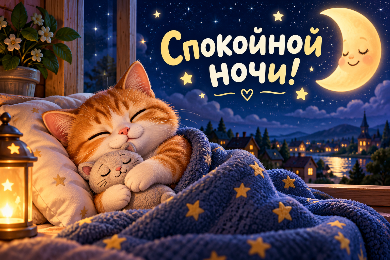 Ночной пейзаж на открытке с пожеланием спокойной ночи