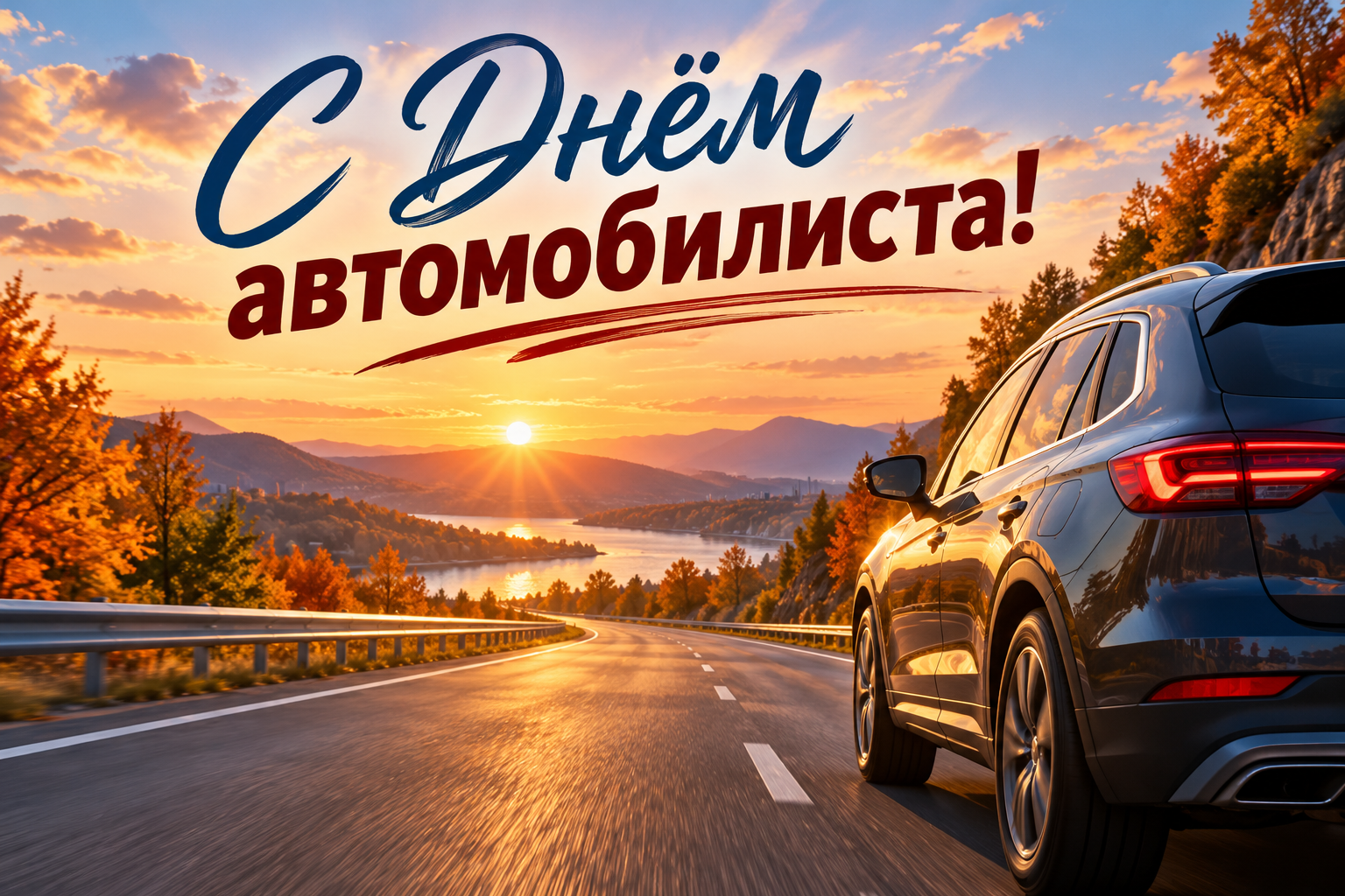 Открытка с автомобилем и поздравлением ко Дню автомобилиста