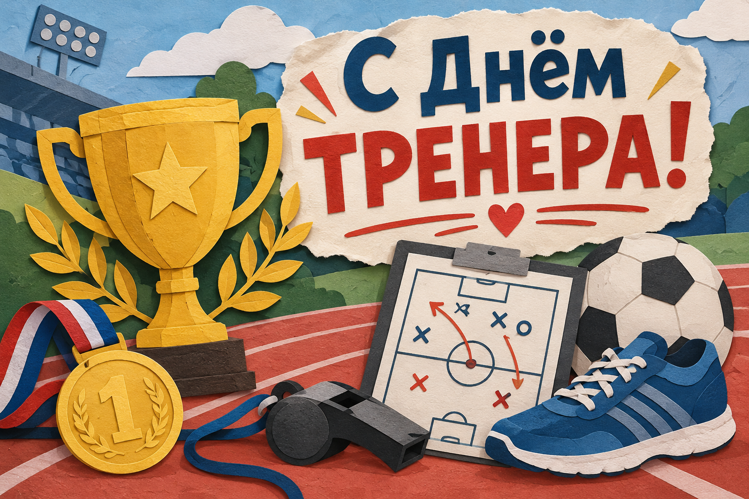 Поздравительная открытка ко Дню тренера с кубком и медалью